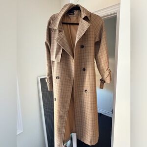 Long Plaid Trench Coat in Camel